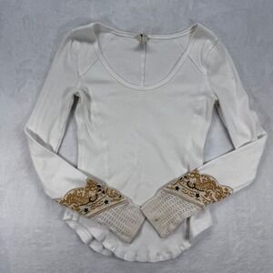 We The Free Thermal Top Paisley Cuff‎ Long Sleeve Shirt Casual White Size S READ